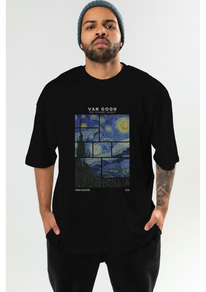 Van Gogh The Starry Night Ön Baskılı Oversize T-Shirt Erkek Kadın Bisiklet Yaka Pamuk Tişort
