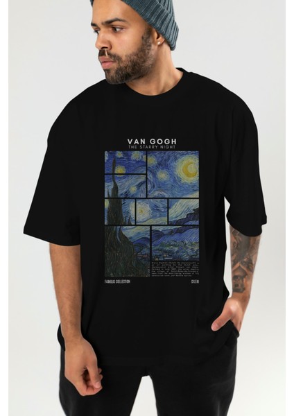 Van Gogh The Starry Night Ön Baskılı Oversize T-Shirt Erkek Kadın Bisiklet Yaka Pamuk Tişort