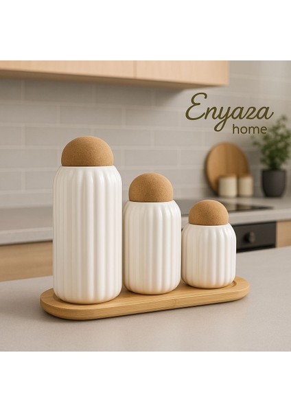3'lü Top Mantar Kapaklı Stantlı Çizgili Porselen Kavanoz ve Baharatlık Seti
