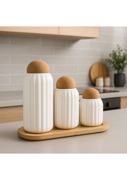 3'lü Top Mantar Kapaklı Stantlı Çizgili Porselen Kavanoz ve Baharatlık Seti fiyatları
