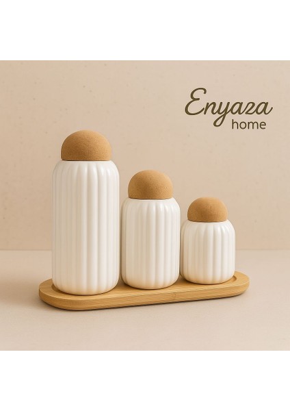 3'lü Top Mantar Kapaklı Stantlı Çizgili Porselen Kavanoz ve Baharatlık Seti modelleri