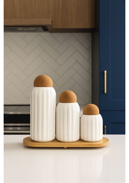 3'lü Top Mantar Kapaklı Stantlı Çizgili Porselen Kavanoz ve Baharatlık Seti fırsatları