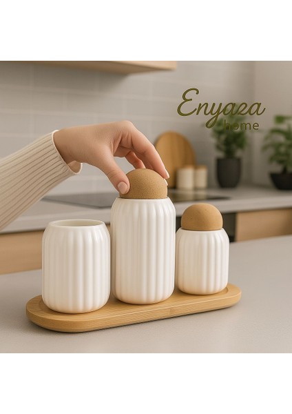 3'lü Top Mantar Kapaklı Stantlı Çizgili Porselen Kavanoz ve Baharatlık Seti indirimleri