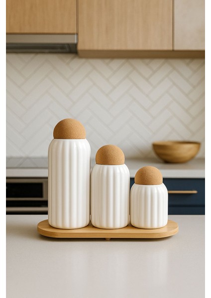 3'lü Top Mantar Kapaklı Stantlı Çizgili Porselen Kavanoz ve Baharatlık Seti