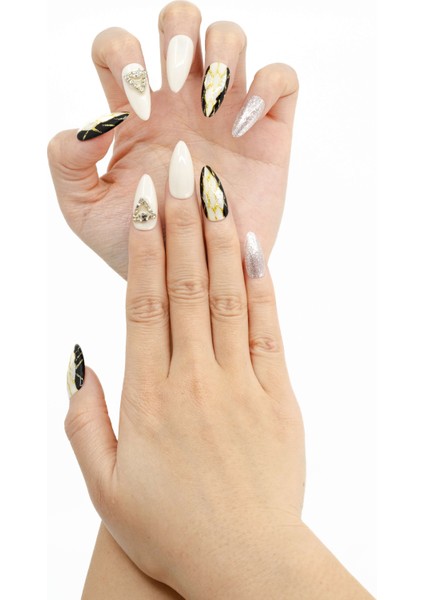 10'lu Renkli Uzun Badem TT0712 Tekrar Kullanılabilir El Yapımı Protez Takma Tırnak - Renkli-S