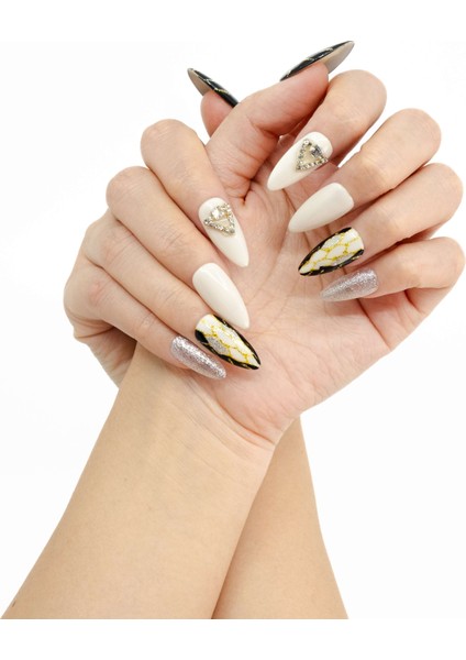 10'lu Renkli Uzun Badem TT0712 Tekrar Kullanılabilir El Yapımı Protez Takma Tırnak - Renkli-S