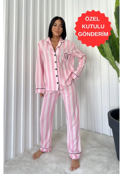 Kadın Cepli Şeritli ve Şık Biye Detaylı Pamuklı Viskon Ikili Pembe Pijama Takımı