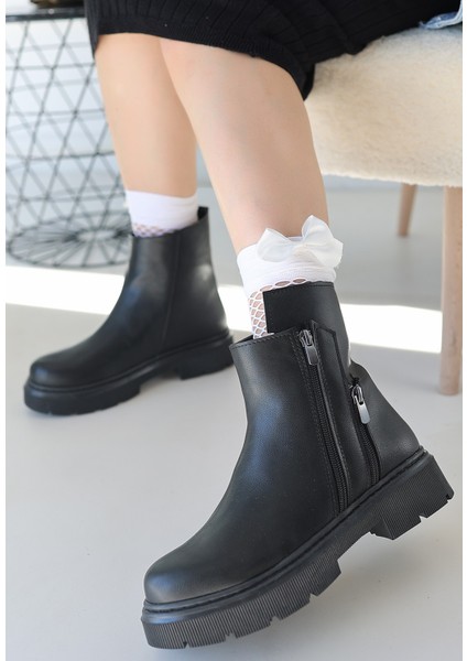 Bernishoes Menta Siyah Cilt Fermuar Aksesuarlı Bot