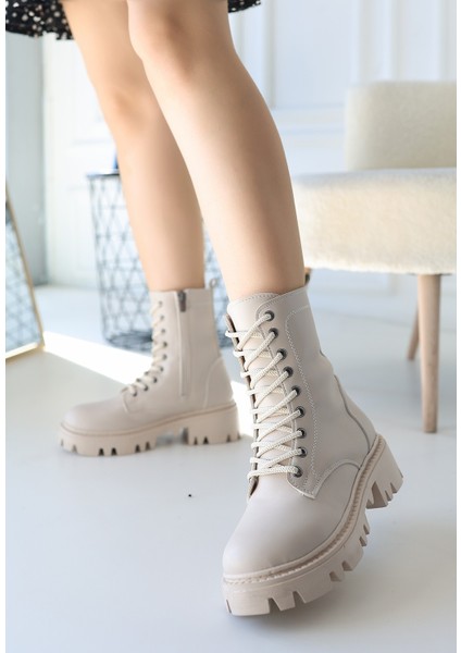 Bernishoes Flona Bej Cilt Bağcıklı Bot