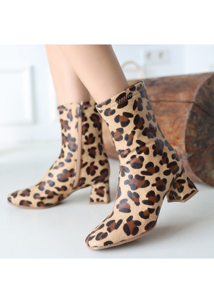 Bernishoes Birta Leopar Cilt Streç Topuklu Bot fırsatları