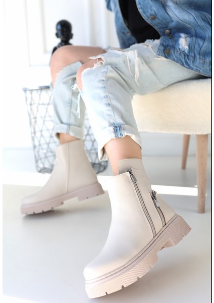 Bernishoes Menta Bej Cilt Fermuar Aksesuarlı Bot