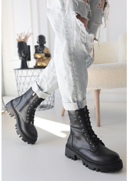 Bernishoes Flona Siyah Cilt Bağcıklı Bot modelleri