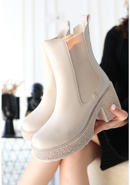 Bernishoes Paigo Bej Cilt Topuklu Bot