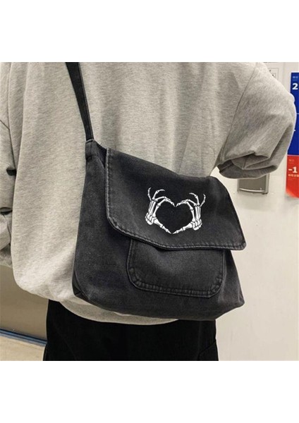 Unisex Gri Kot Postacı Çantası, Skeleton Heart Baskılı Vintage Tasarım