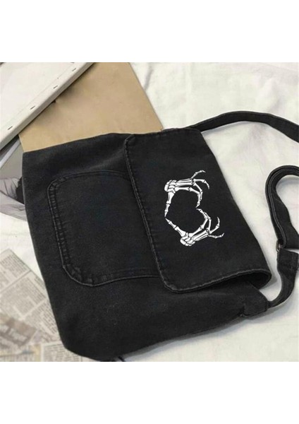 Unisex Gri Kot Postacı Çantası, Skeleton Heart Baskılı Vintage Tasarım fiyatları