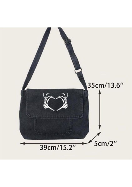 Unisex Gri Kot Postacı Çantası, Skeleton Heart Baskılı Vintage Tasarım modelleri