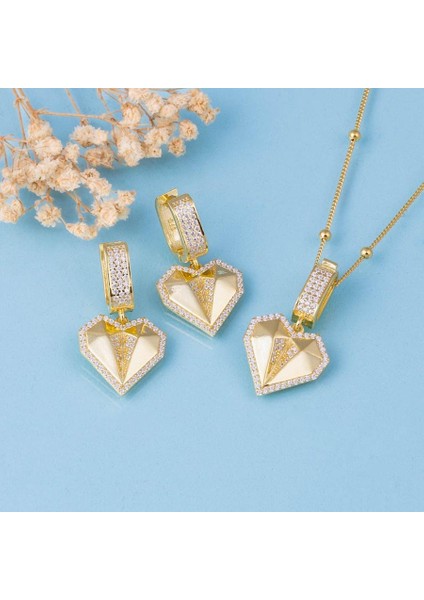 Altın Kaplama Özel Tasarım Kalpli 925 Ayar Gümüş Top Zincirli Kolye Küpe Set