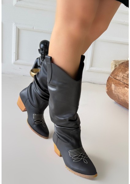 Bernishoes Jeoni Siyah Cilt Topuklu Çizme modelleri
