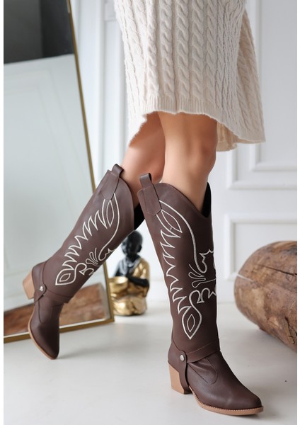 Bernishoes Jilla Kahverengi Cilt Tak Çıkar Topuklu Bot ve Çizme modelleri