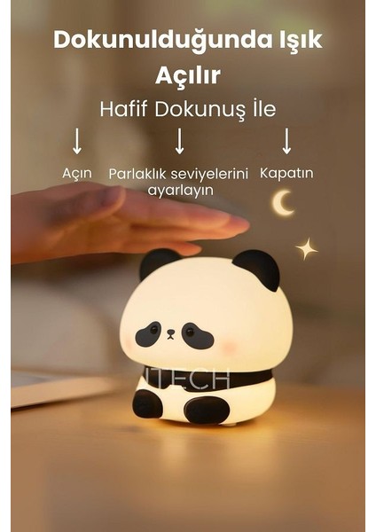 Panda Figürlü Renkli Şarj Edilebilir Dokunmatik Gece Lambası 3 Kademeli Oda Ev Ofis Lambası modelleri