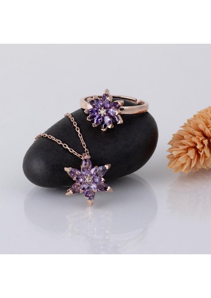 Ametist Taşlı Lotus Çiçeği Gümüş Kolye Yüzük Set