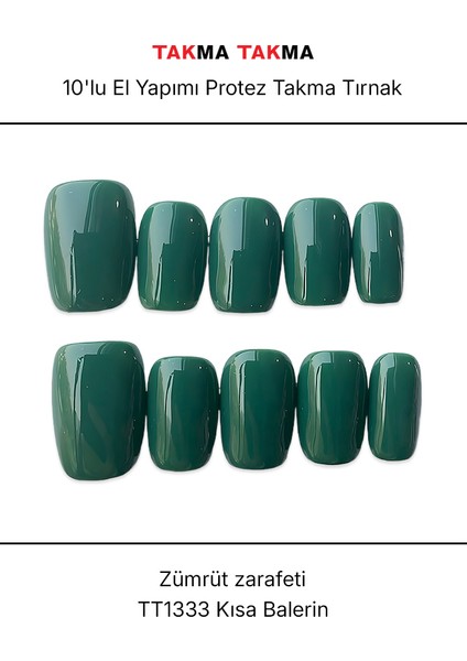 10'lu Yeşil Kısa Kare TT1333 Tekrar Kullanılabilir El Yapımı Protez Takma Tırnak - Yeşil-M fırsatları