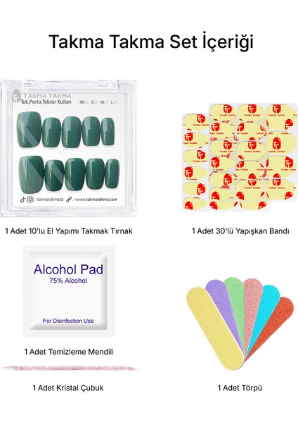 10'lu Yeşil Kısa Kare TT1333 Tekrar Kullanılabilir El Yapımı Protez Takma Tırnak - Yeşil-M indirimleri