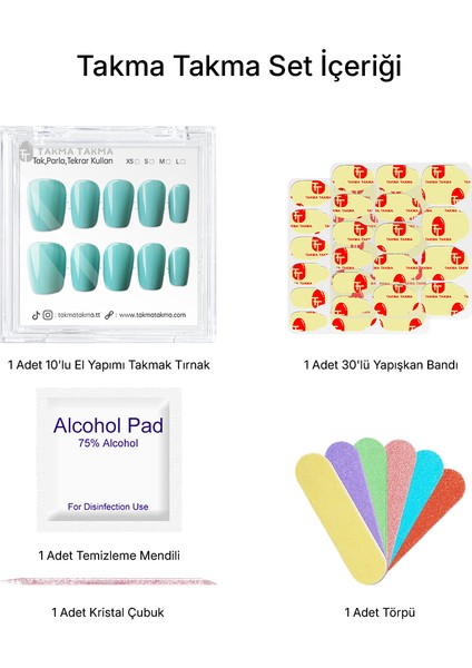 10'lu Mavi Kısa Oval TT1265 Tekrar Kullanılabilir El Yapımı Protez Takma Tırnak - Mavi-S