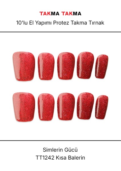 10'lu Kırmızı Kısa Balerin TT1242 Tekrar Kullanılabilir El Yapımı Protez Takma Tırnak - Kırmızı-L