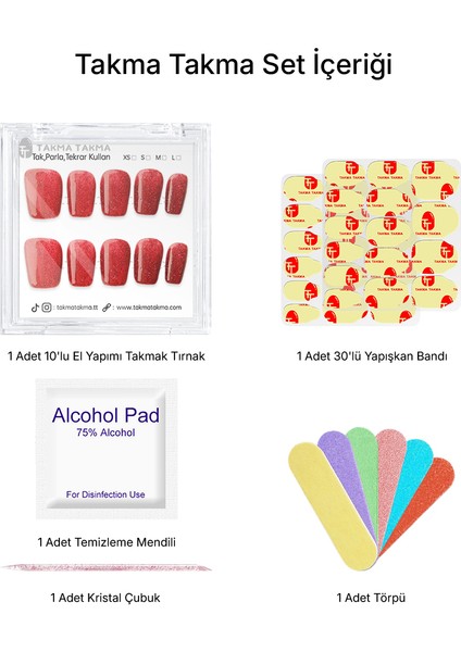 10'lu Kırmızı Kısa Balerin TT1242 Tekrar Kullanılabilir El Yapımı Protez Takma Tırnak - Kırmızı-L