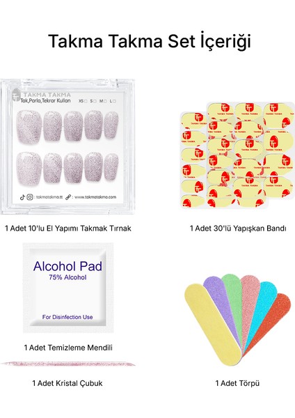 10'lu Gümüş Kısa Balerin TT1251 Tekrar Kullanılabilir El Yapımı Protez Takma Tırnak - Gümüş-XS