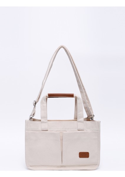 Krem SHK174 Kanvas Kumaş, Üç Bölmeli, Fermuarlı, Çift Askılı, El, Kol ve Omuz Çantası