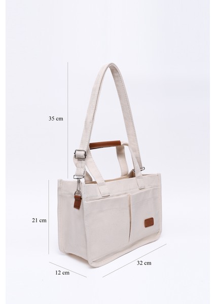 Krem SHK174 Kanvas Kumaş, Üç Bölmeli, Fermuarlı, Çift Askılı, El, Kol ve Omuz Çantası fiyatları