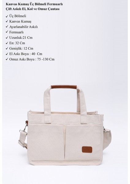 Krem SHK174 Kanvas Kumaş, Üç Bölmeli, Fermuarlı, Çift Askılı, El, Kol ve Omuz Çantası modelleri