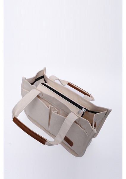 Krem SHK174 Kanvas Kumaş, Üç Bölmeli, Fermuarlı, Çift Askılı, El, Kol ve Omuz Çantası