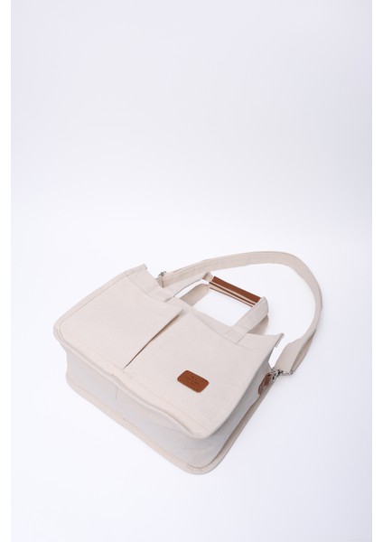 Krem SHK174 Kanvas Kumaş, Üç Bölmeli, Fermuarlı, Çift Askılı, El, Kol ve Omuz Çantası