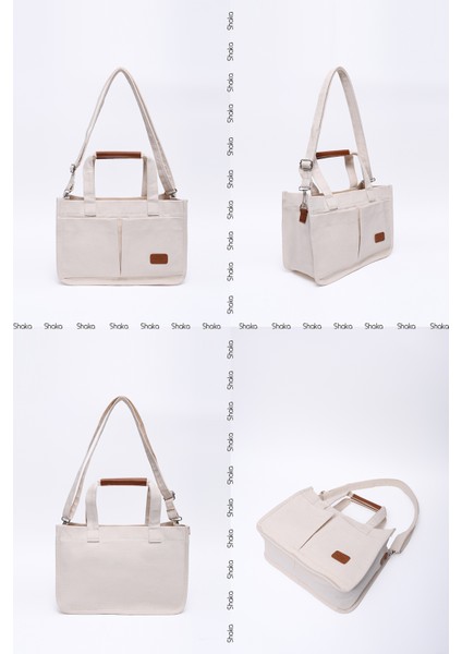 Krem SHK174 Kanvas Kumaş, Üç Bölmeli, Fermuarlı, Çift Askılı, El, Kol ve Omuz Çantası