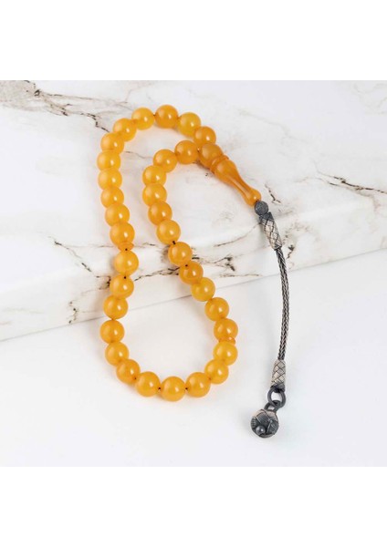 Gümüş Kazaz Püsküllü Yuvarlak Kesim Sarı Kehribar Tesbih