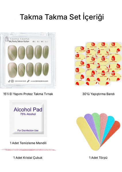 15'li Yeşil Kısa Oval TT1299 Tekrar Kullanılabilir El Yapımı Protez Takma Tırnak - Yeşil-XS indirimleri