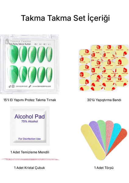15'li Yeşil Kısa Badem TT1314 Tekrar Kullanılabilir El Yapımı Protez Takma Tırnak - Yeşil-S indirimleri