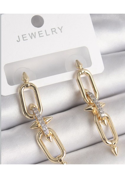 Kadın Yeni Sezon Tif Model Altın Renk Zirkon Taşlı Moda Trend Taşlı Küpe