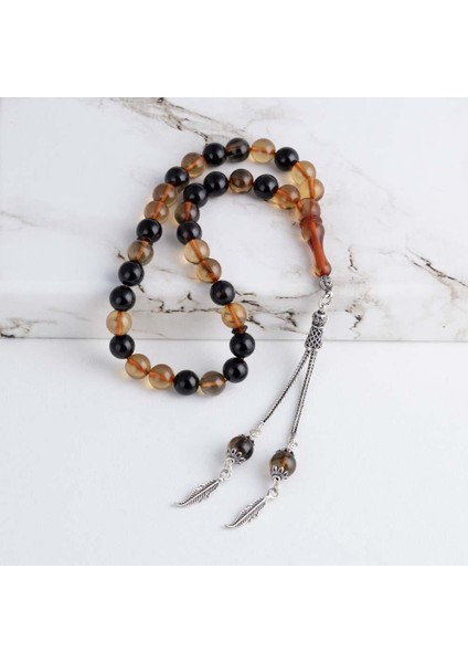 Yuvarlak Kesim Renk Süzmeli Gümüş Imameli Kehribar Tesbih