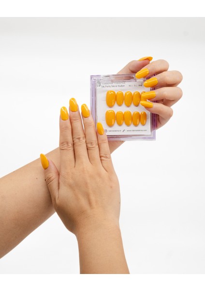 10'lu Sarı Kısa Oval TT1269 Tekrar Kullanılabilir El Yapımı Protez Takma Tırnak - Ten Rengi-Sarı-L