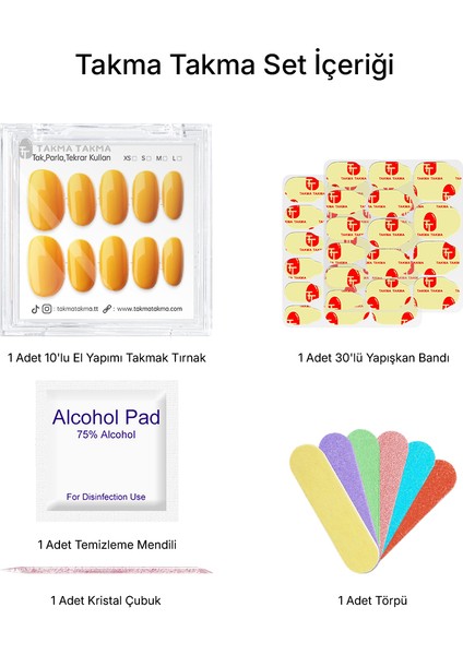 10'lu Sarı Kısa Oval TT1269 Tekrar Kullanılabilir El Yapımı Protez Takma Tırnak - Ten Rengi-Sarı-L