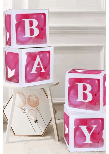 Baby Yazılı Şeffaf Pembe Kutu Balon Seti, Baby Balon Kutusu Bebek Çocuk Doğum Günü