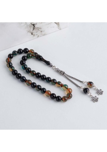 Yuvarlak Kesim Renk Cümbüşü Gümüş Imameli Kehribar Tesbih