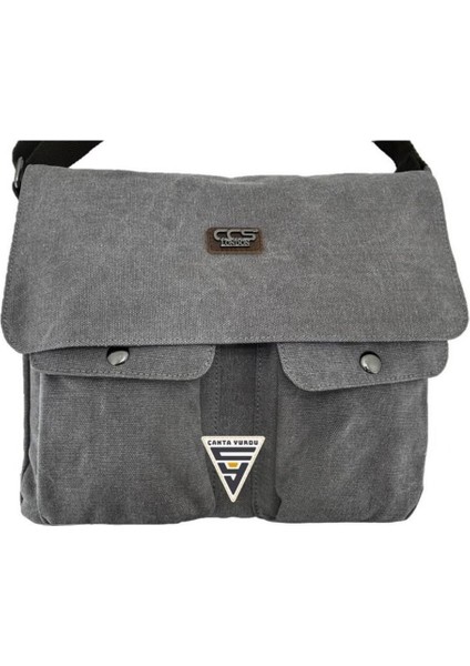 Gri Kanvas Postacı Omuz Çantası, Şık ve Hafif Tasarım