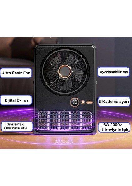 Ultra Sessiz Fan 5 Kademeli Şarjlı / Uv Işıklı Sinek Öldürücü Özellikli Masaüstü Vantilatör/ Pervane
