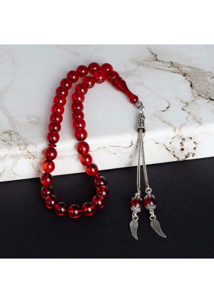 Gümüş Püsküllü Yuvarlak Kesim Ateş Kehribar Tesbih Kırmızı Taşlı