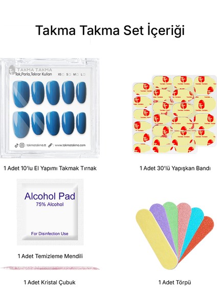 10'lu Mavi Kısa Oval TT1267 Tekrar Kullanılabilir El Yapımı Protez Takma Tırnak - Mavi-S